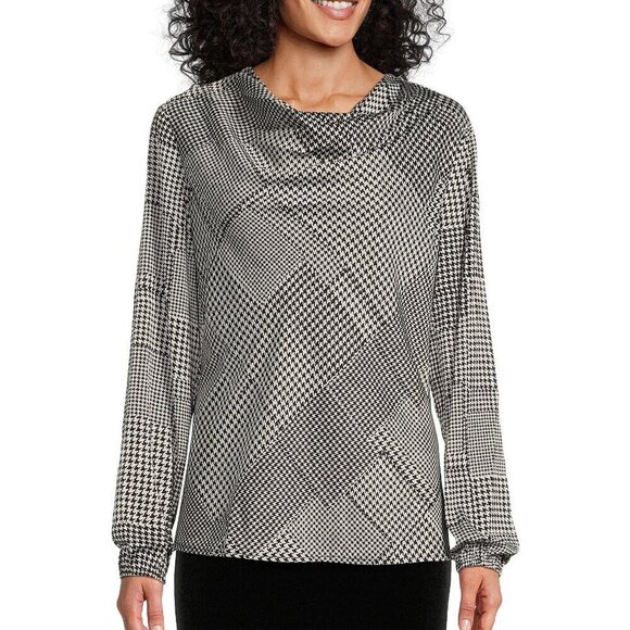 Kasper Tops - Kasper Houndstooth Top Women's Plus Size 1X Black White Long Sleeve Cowl Neck
